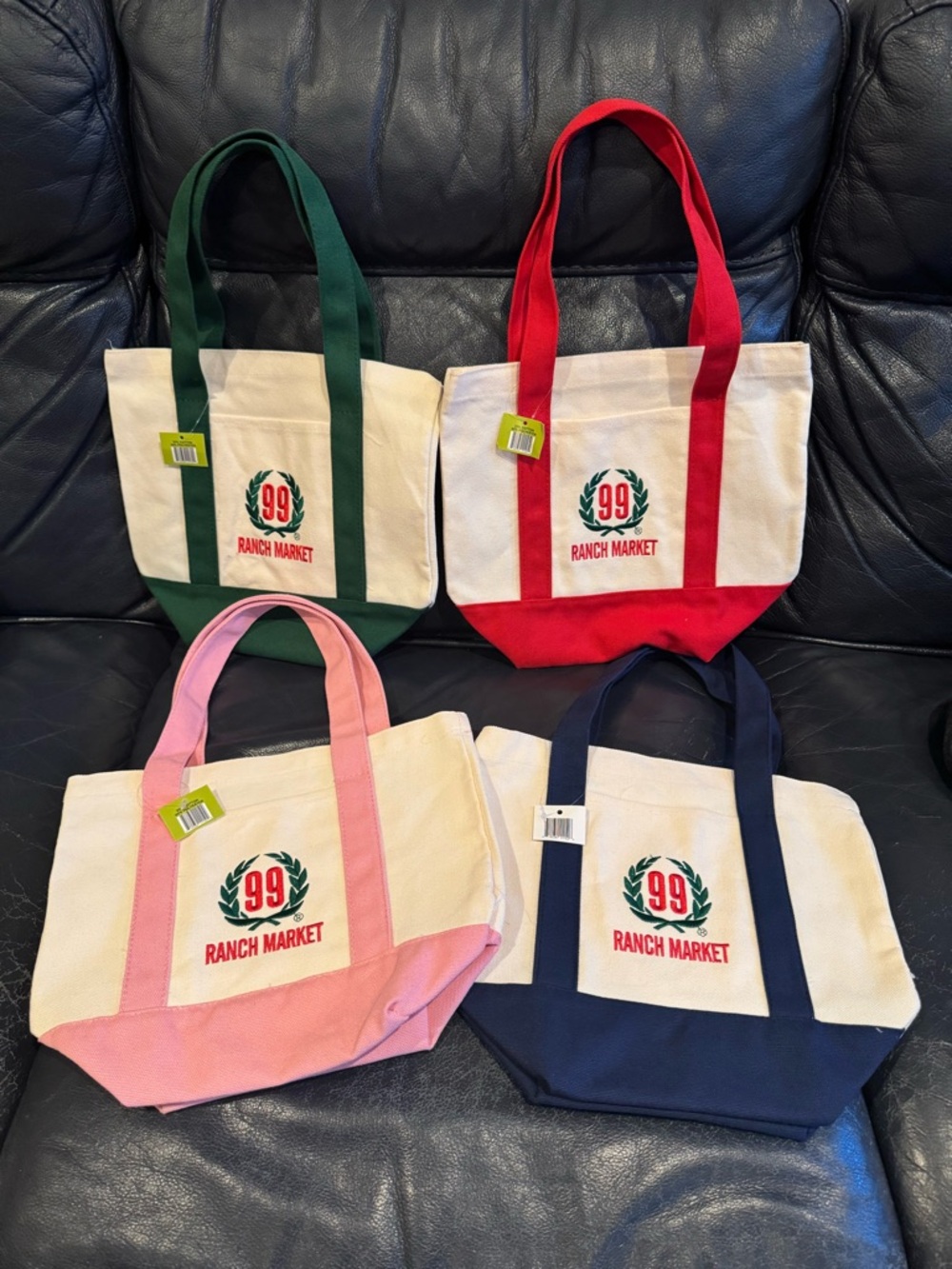 99 Ranch Market Big Mini Canvas Tote Bags-Set of 4 (Red, Green, Pink, Navy) NEW